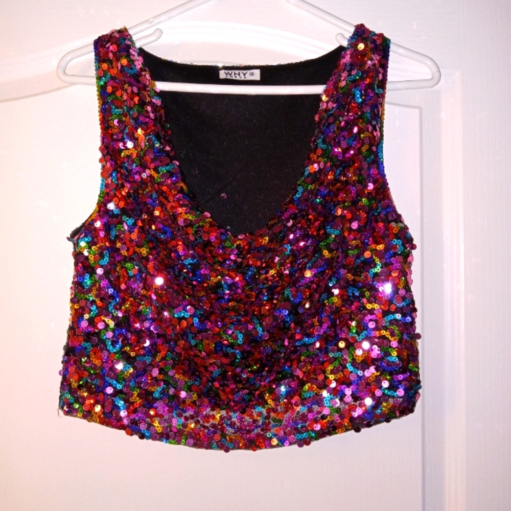 Sequin Tank Top Pink and Rainbow over Black Lining